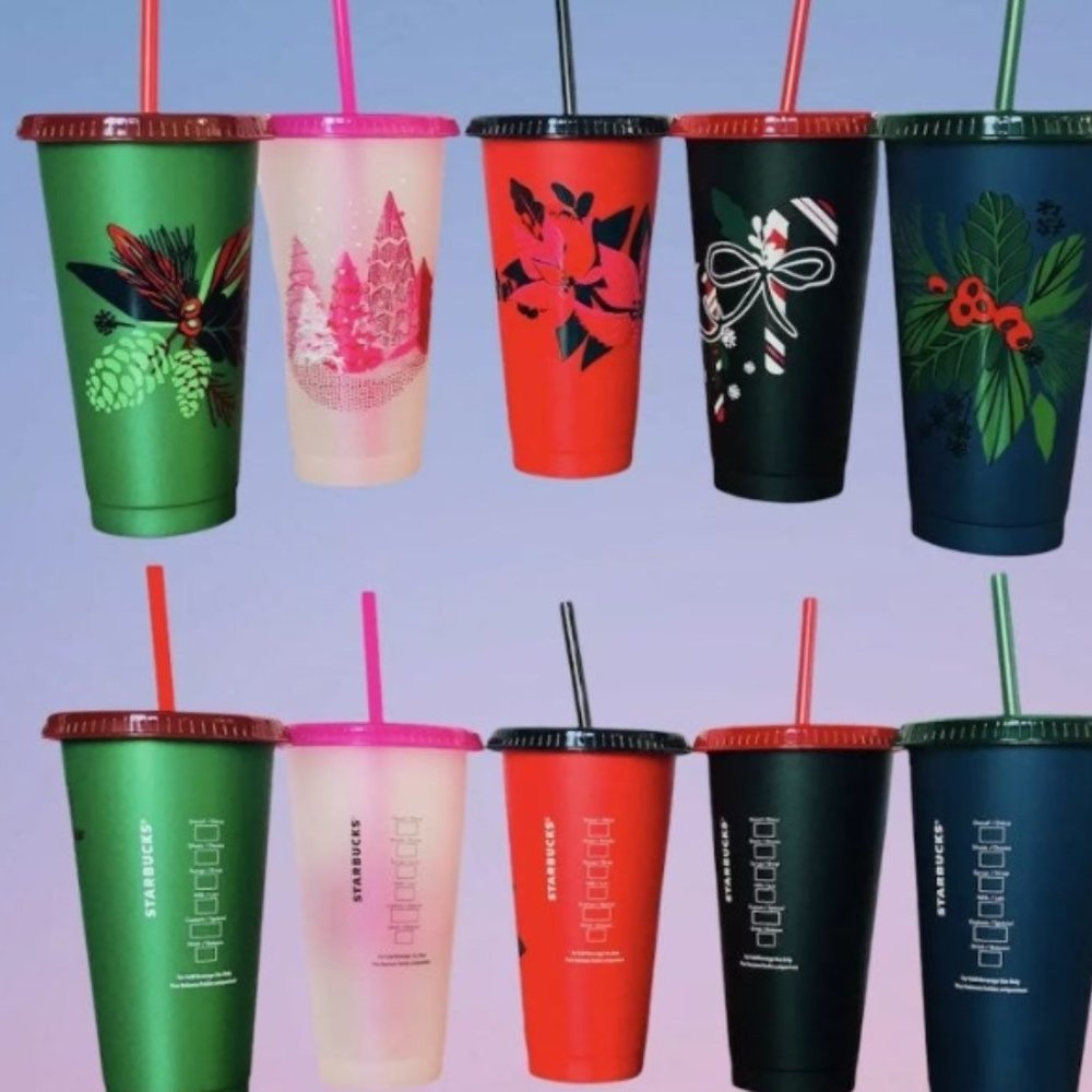 Starbucks 2021 Holiday 5 Reusable Cold Cups With Lids & Straws 24oz Venti